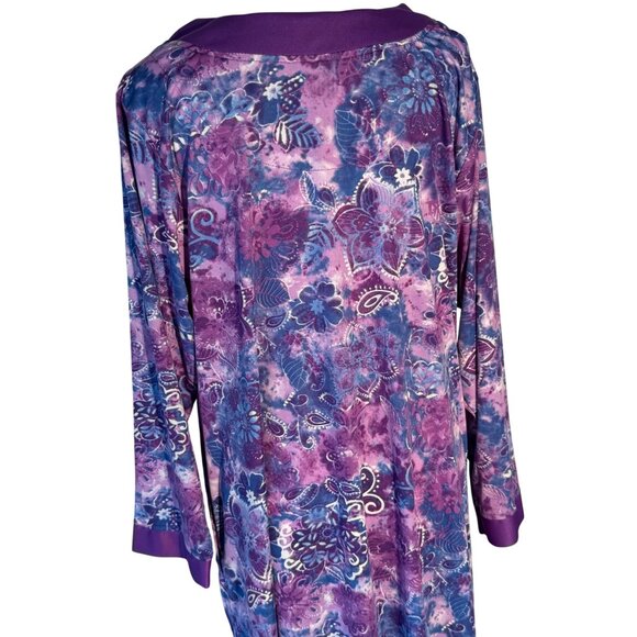 VTG Purple Floral Silky Long-Sleeve Robe Loungewear Zipper Pockets Size L Womens - Picture 6 of 14